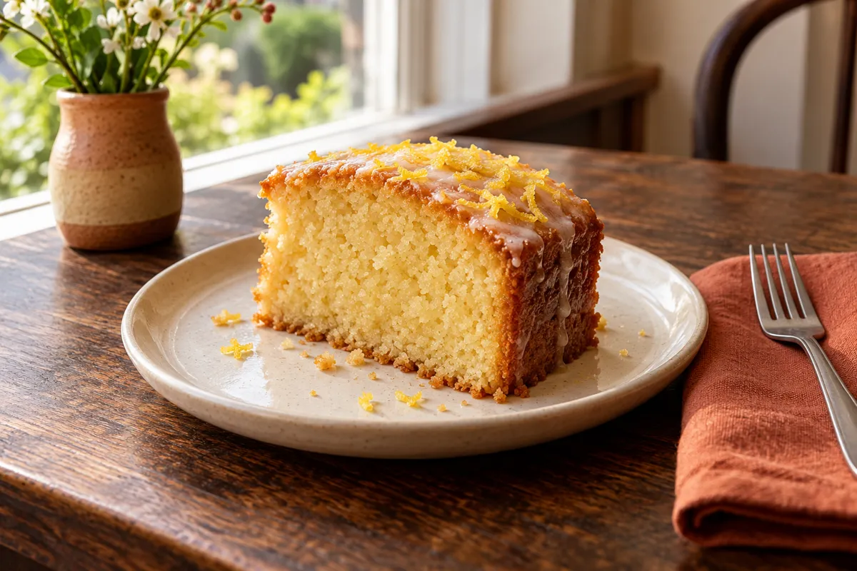 A slice of lemon drizzle cake on a plate (AI-generated image)
