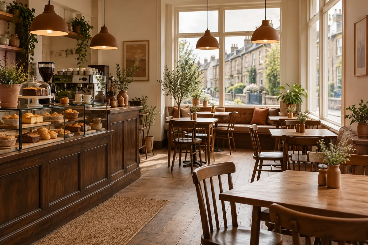 A cosy cafe interior with wooden tables and hanging lamps (AI-generated image)