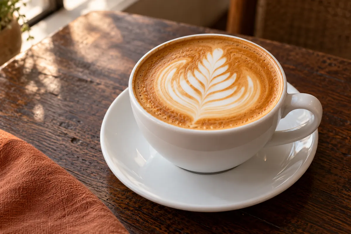 Latte art in a white cup on a wooden table (AI-generated image)