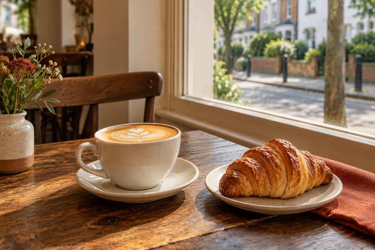 A flat white and a croissant on a table by a sunny cafe window (AI-generated image)