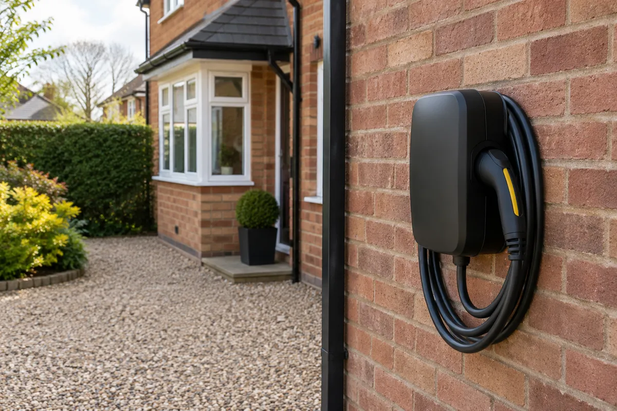 A wall-mounted electric car charger on a brick house (AI-generated image)