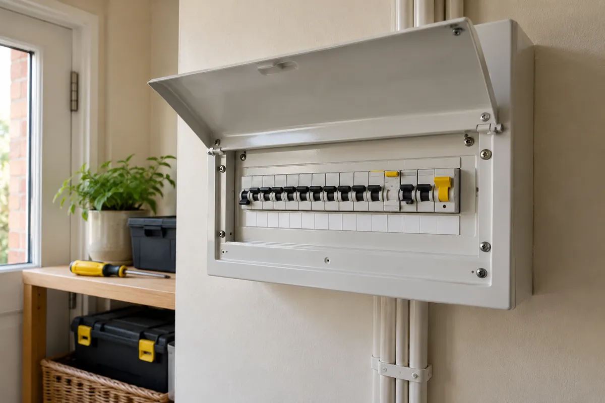 A tidy modern fuse board on a wall (AI-generated image)