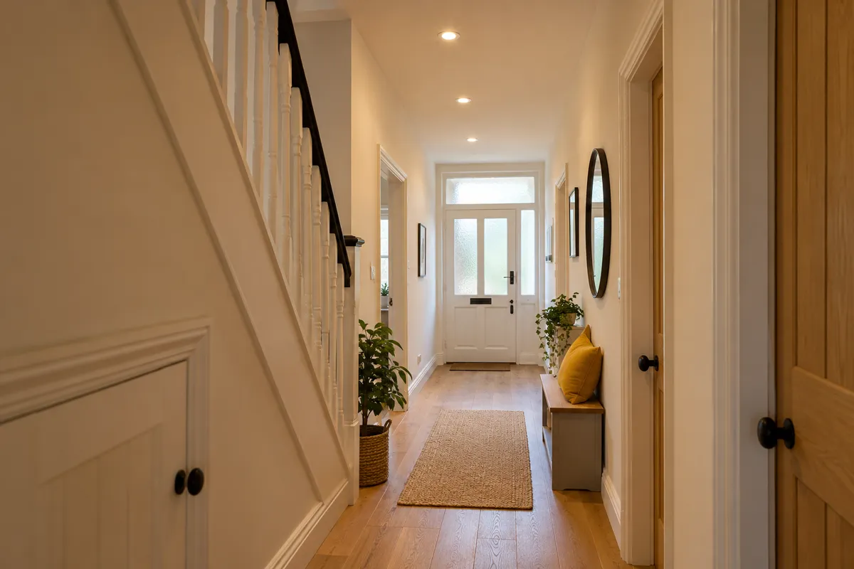 A warm hallway with new ceiling spotlights (AI-generated image)