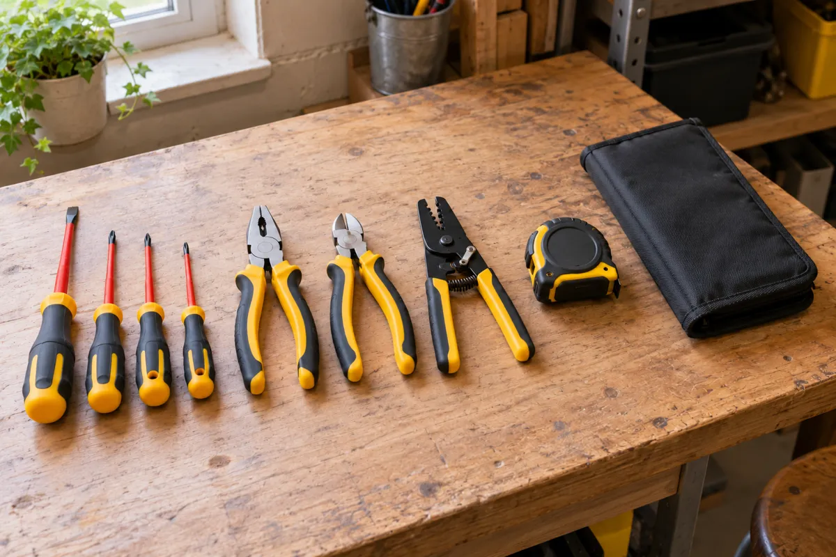 Electrician's insulated tools laid out on a workbench (AI-generated image)