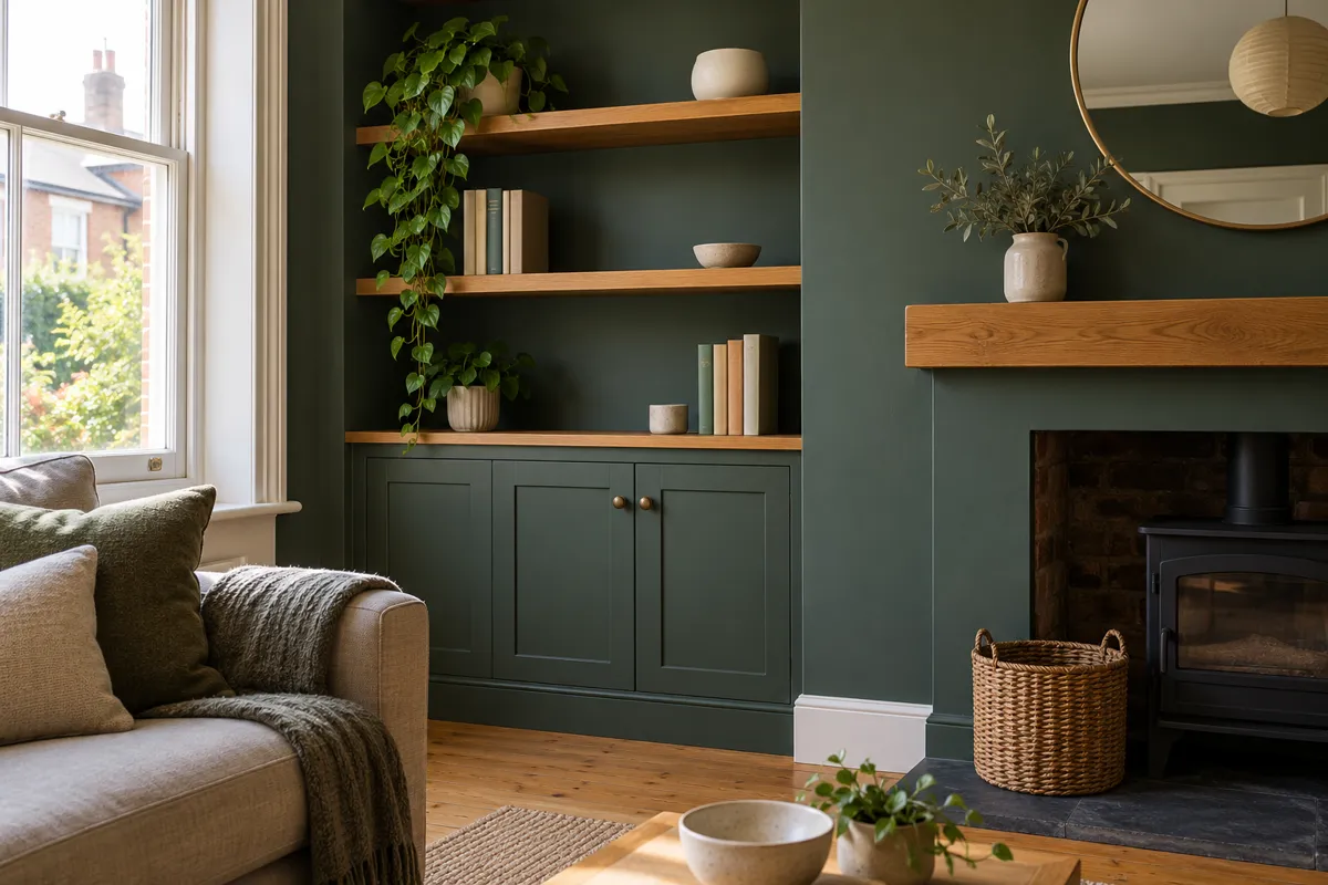 Built-in alcove shelving in a green living room with books and a plant (AI-generated image)