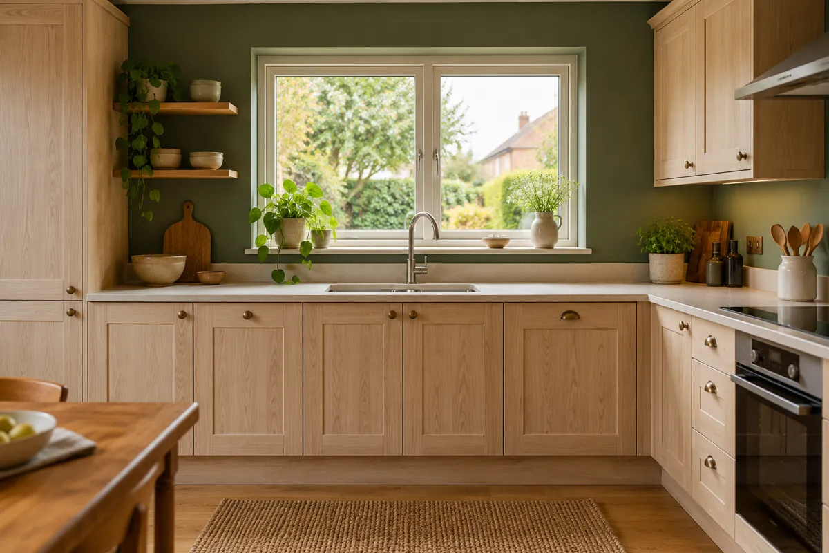 A fitted kitchen in pale ash wood with a window above the worktop (AI-generated image)