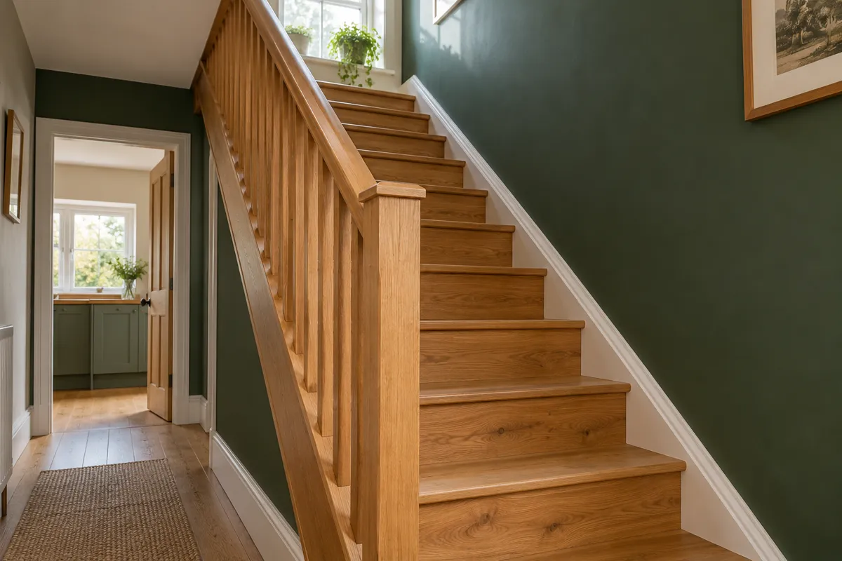 A solid oak staircase with a simple handrail (AI-generated image)