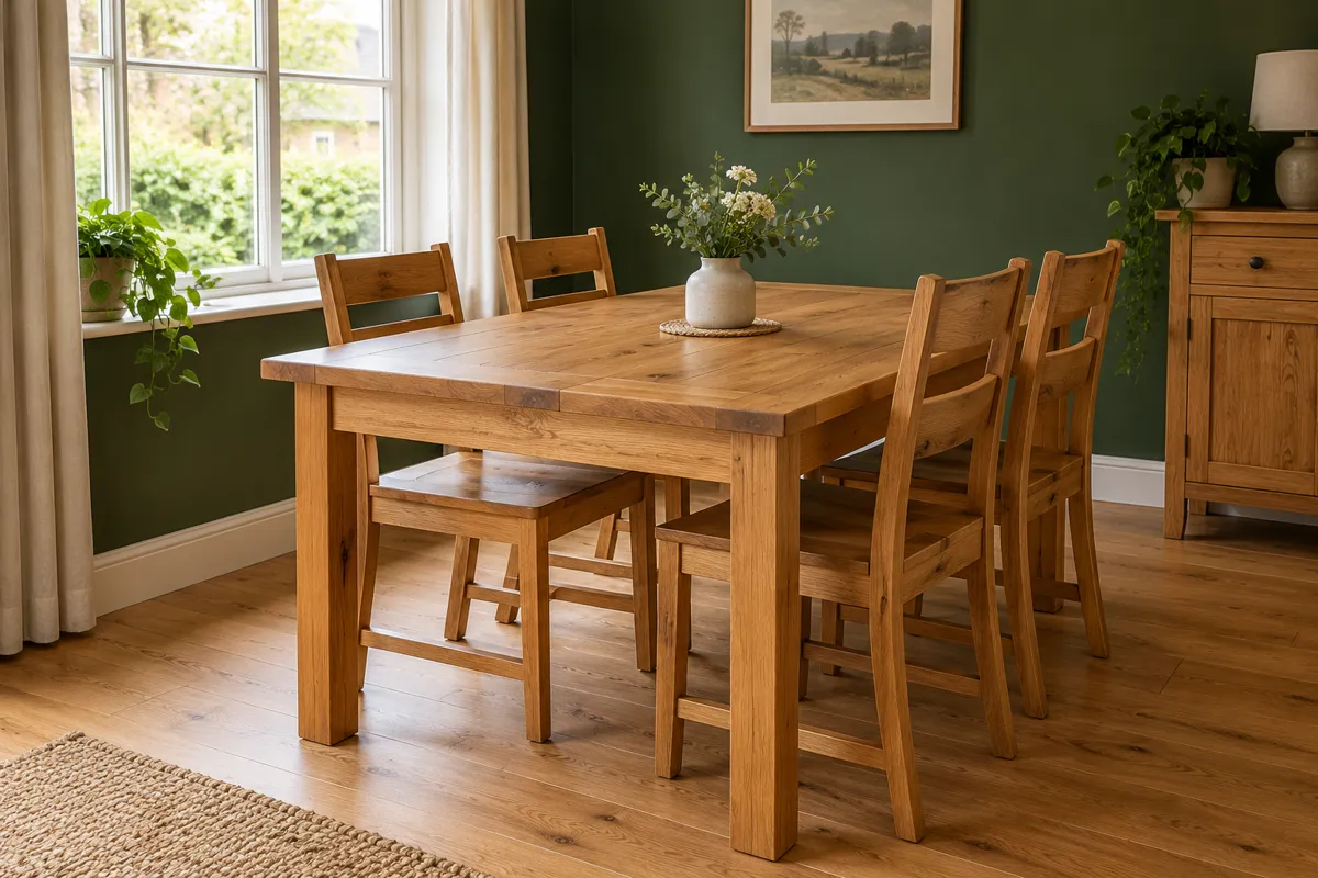 A handmade oak dining table with chairs in a bright room (AI-generated image)