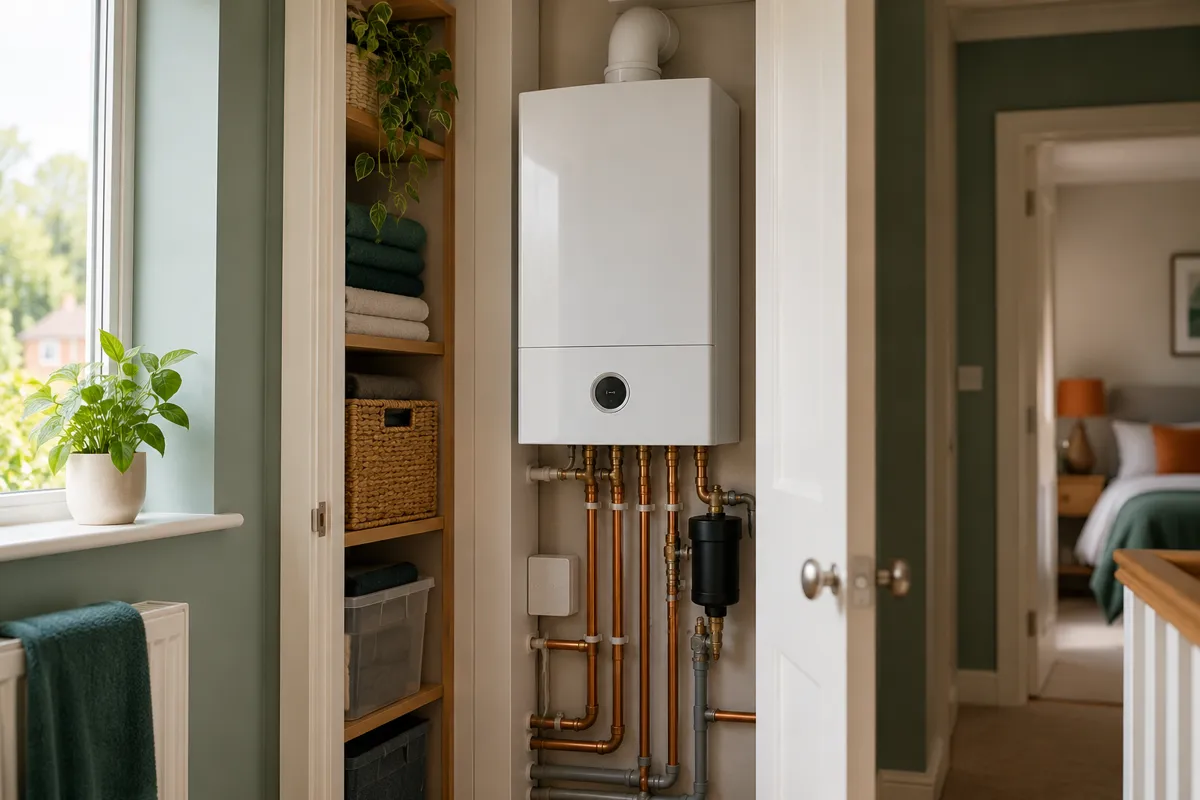 A modern wall boiler in a tidy cupboard (AI-generated image)