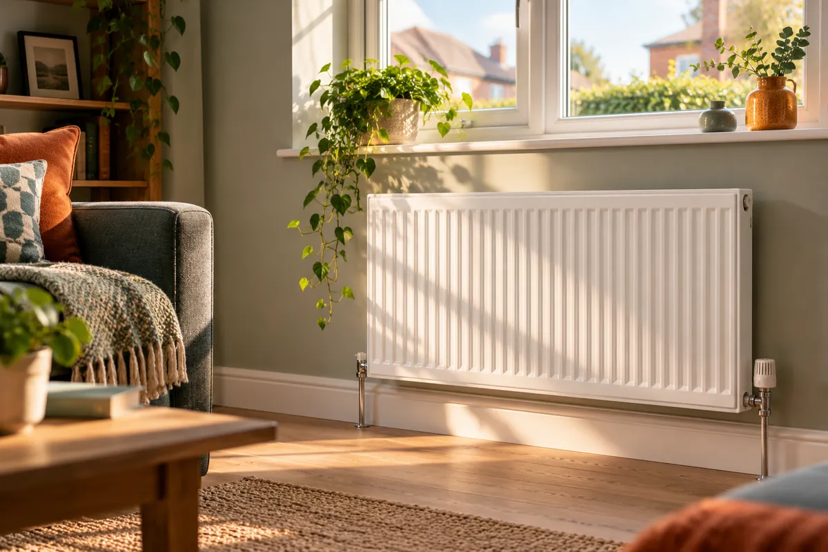 A white radiator under a living room window (AI-generated image)