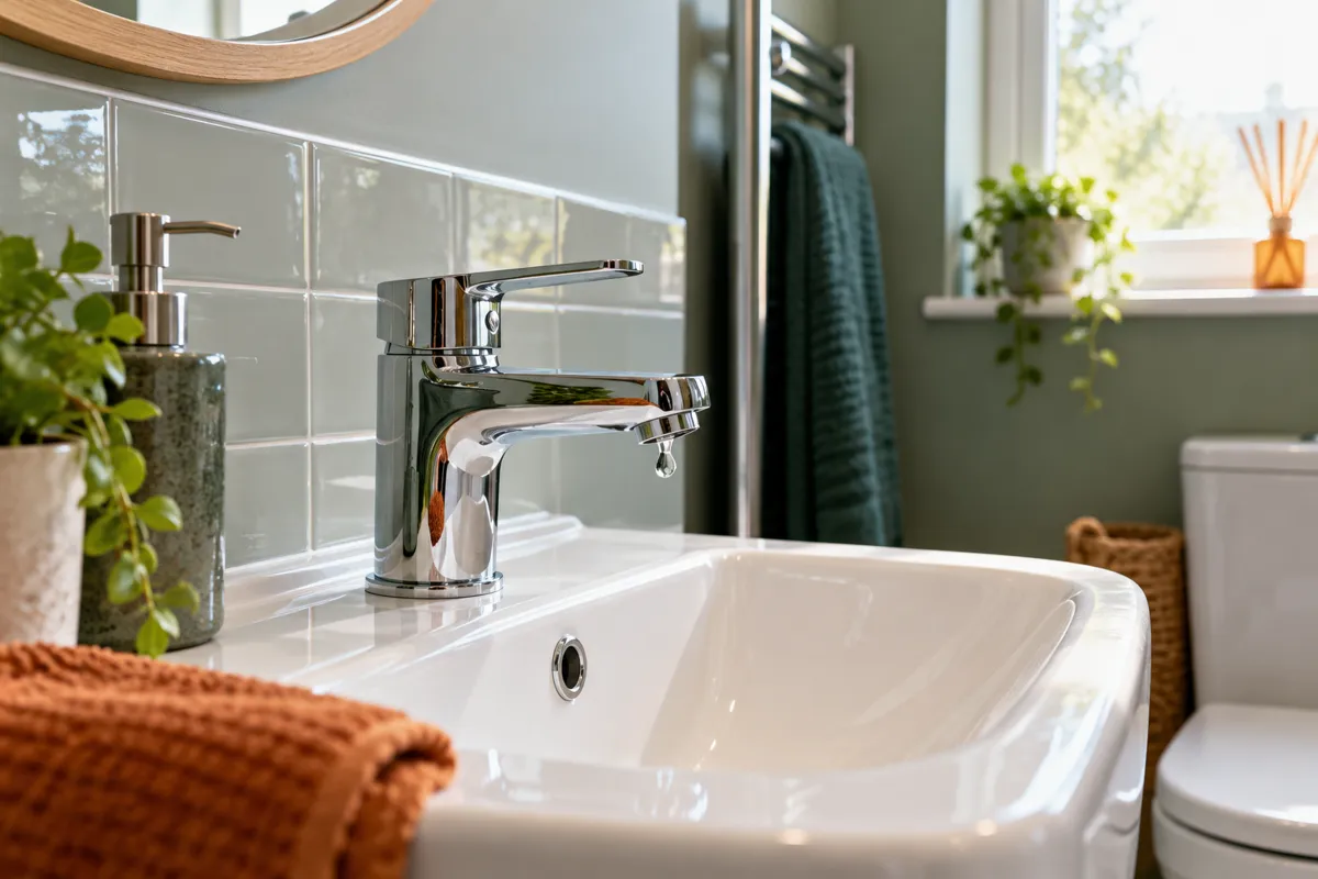 A chrome basin tap with a drip of water (AI-generated image)
