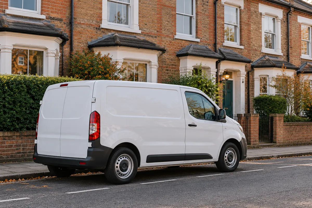 A plain white van outside a terraced house (AI-generated image)