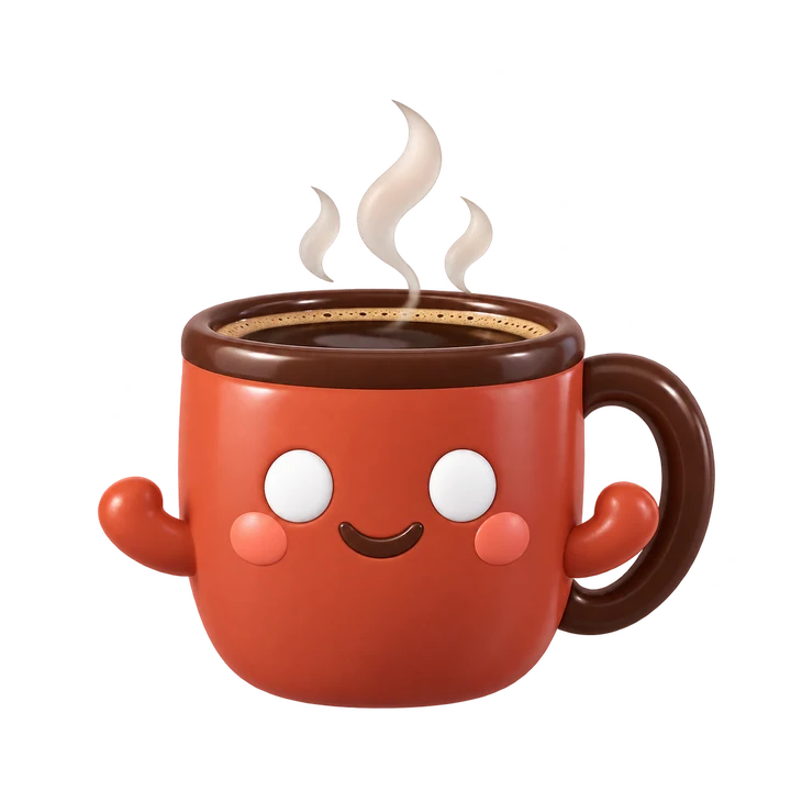 Brew, a friendly 3D coffee-mug mascot for a cafe (AI-generated image)