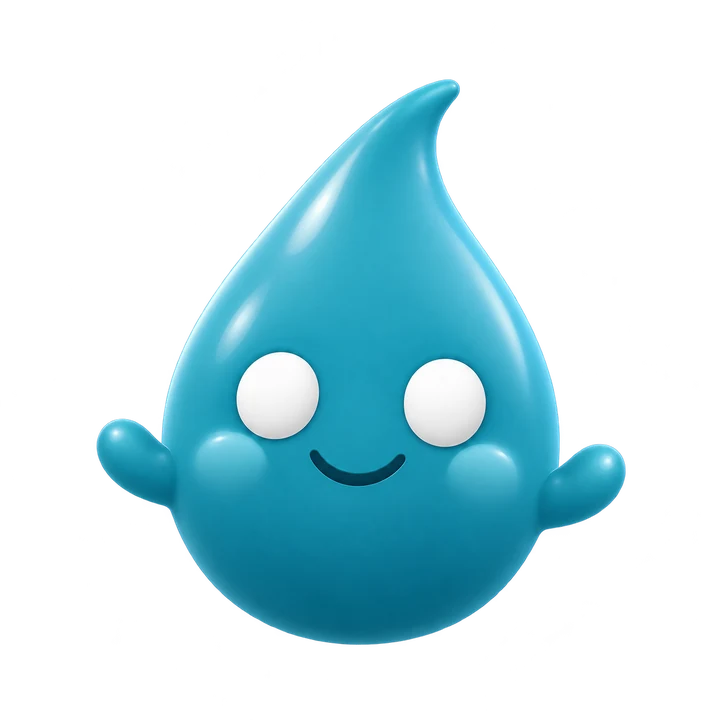 Drip, a friendly 3D water-drop mascot for a plumber (AI-generated image)