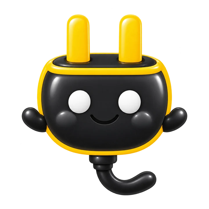 Plug, a friendly 3D electrical-plug mascot for an electrician (AI-generated image)